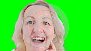 Surprised girl face. Close up of shocked woman face expression. Wow woman emotion on white background. Amazed model face