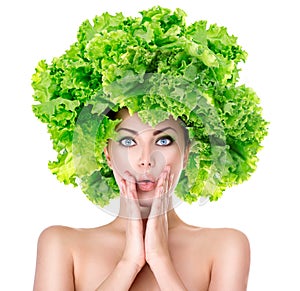Surprised girl with green Lettuce hairstyle