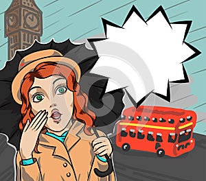 Surprised girl in london under the rain with umbrella and thinking bubble, retro poster in pop art comic style. Woman tourist in
