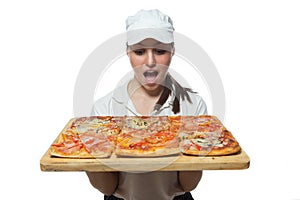 Surprised girl with pizza on white background