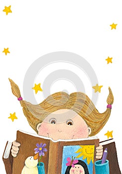 Surprised girl reading book