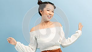 Surprised happy beautiful woman looking sideways in excitement. Isolated on white background