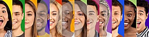 Surprised, happy, smiling and calm millennial international people on multi colored backgrounds