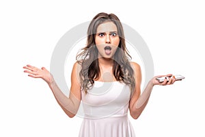 Surprised happy young woman looking sideways in excitement isolated over white background