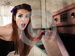 Surprised Housewife Checks the Oven