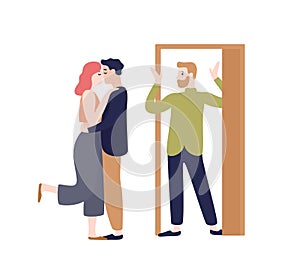 Surprised husband coming home looking to wife kissing with another man vector flat illustration. Adultery, cheating on