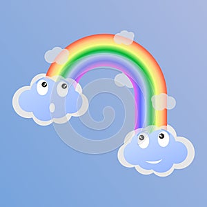 Surprised and joyful clouds and a rainbow between them. Vector illustration