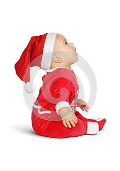 Surprised Little baby Santa Claus isoleted on white, side view