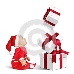 Surprised Little baby Santa Claus with many Christmas gifts, sid