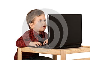 Surprised little boy working on a laptop