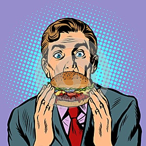 Surprised man eating Burger