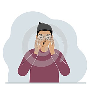 Surprised man with glasses. Vision problem concept. Vector