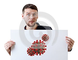 Surprised man holds white placard with coronavirus cell.