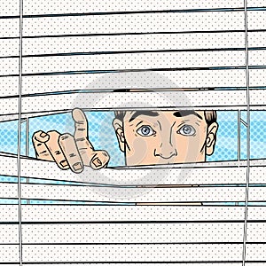 Surprised Man Looking Through the Blinds. Pop Art retro illustration