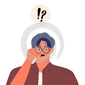 Surprised man staring at camera through glasses. surprising news concept and Speech bubble above question marks and exclamation ma
