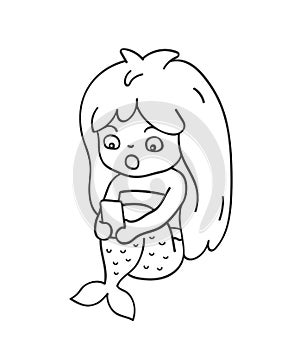 Surprised mermaid with a phone in her hands.