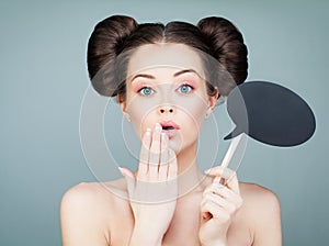 Surprised Model Girl Holding Paper Cloud on Stick