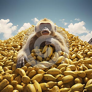 Surprised monkey in a pile of bananas