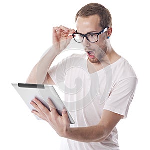 Surprised Nerd Man Looking at Tablet Computer