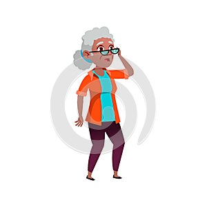 surprised old lady looking at advertising banner of seasonal discount cartoon vector