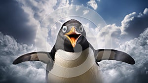 Surprised Penguin Soaring In The Sky With Lively Facial Expressions