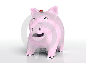 Surprised piggy bank with ladybug on head