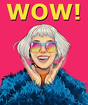 Surprised Pop Art fashion woman in glasses. Smiling amazed girl with open mouth in comic style.