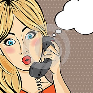 Surprised pop art woman chating on retro phone . Comic woman wi