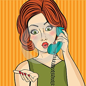 Surprised pop art woman chatting on retro phone . Comic woman w