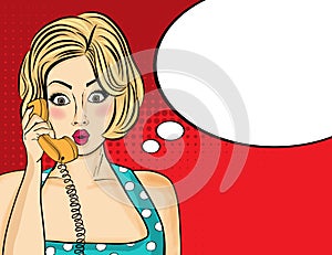 Surprised pop art woman chatting on retro phone . Comic woman w