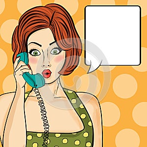 Surprised pop art woman chatting on retro phone . Comic woman w
