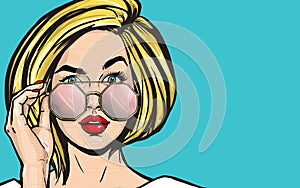 Surprised Pop Art Woman in glasses. Thinking blonde young sexy girl with open mouth. Expressive facial expressions. Wow face.