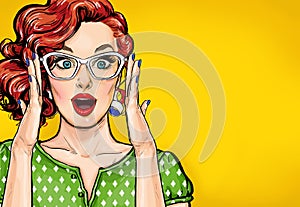 Surprised Pop Art woman in hipster glasses. Advertising poster or party invitation with club girl with open mouth