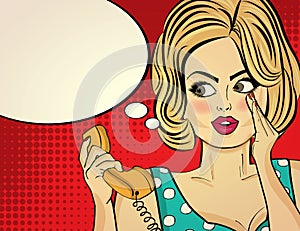 Surprised pop art woman with retro phone, who tells her secrets.