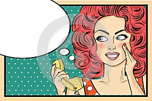 Surprised pop art woman with retro phone, who tells her secrets.