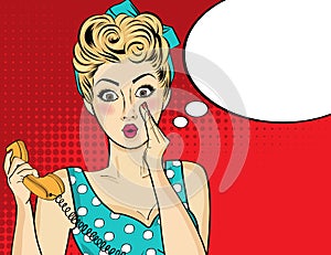 Surprised pop art woman with retro phone, who tells her secrets photo