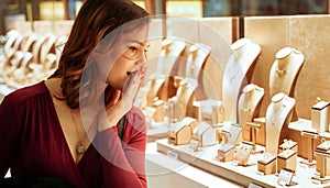 Surprised pretty woman looking at jewelry in store window. Girl near jewellery. Interested customer chooses gold, diamonds or