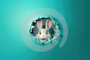 The surprised rabbit looks through a hole in wall. The concept of a happy Easter.
