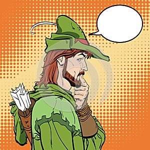 Surprised Robin Hood. Robin Hood. Defender of weak. Medieval legends. Heroes of medieval legends. Halftone background
