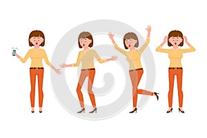 Surprised, shocked, amazed, brown hair young woman in orange pants vector illustration. Stressed, worry, scared girl character