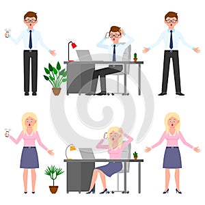 Surprised, shocked, amazed, headache office man and woman vector illustration. Stressed, nervous, scared cartoon character