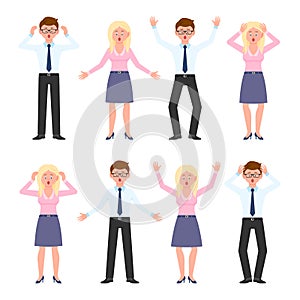 Surprised, shocked, amazed, under the pressure man and woman vector illustration. Stressed, worry, nervous boy and girl set