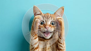 Surprised shocked cat face with paws on head on blue background with copy space. AI Generative