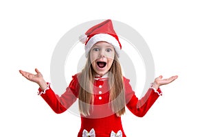 Surprised and shocked christmas girl wearing a santa hat isolated over a white background