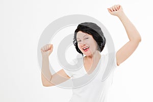 Surprised shocked excited asian middle age woman wrinkle face isolated on white background. Female in blank template t shirt