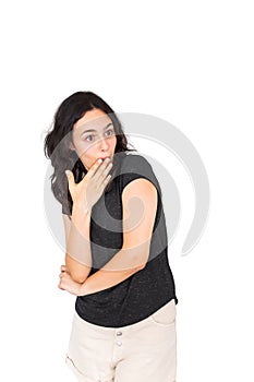 Surprised and shocked girl isolated on white. Emotional pretty brunette