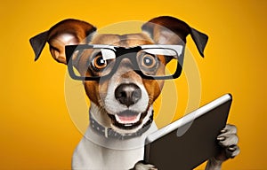 Surprised shocked jack russell terrier dog in glasses holding digital tablet, over orange background, studio portrait.