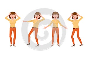 Surprised, shocked, scared, under the pressure brown hair young woman vector illustration. Stressed, worry, nervous girl character