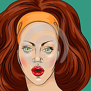 Surprised shocked young woman's face close-up in the style of pop art comic book