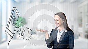 Surprised smiling young woman wearing a suit and looking at a cryptocurrency sketch on a design flat wall. Concept of